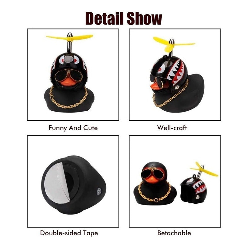 Detalles especificos del Patito Negro Con Casco Para Decoración Coche Bici Moto en 4 imagenes diferentes.