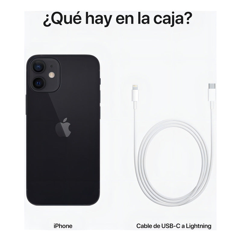 Apple iPhone 12 (64 Gb) - Negro equipado con funda negra y cable USB-C a Lightning en color blanco.