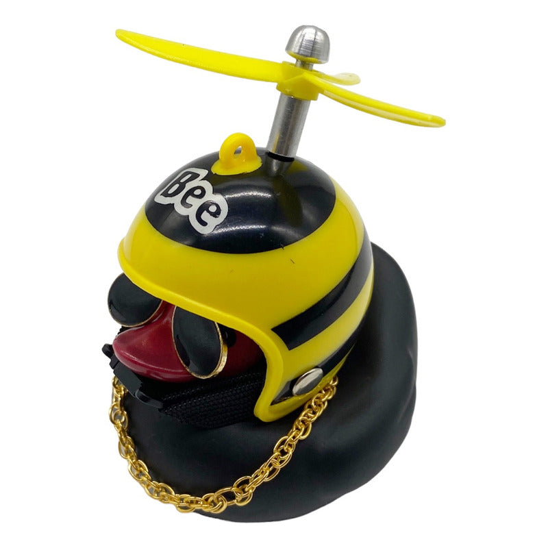 Patito Negro Con Casco Para Decoración Coche Bici Moto con lentes negros y cadena dorada.