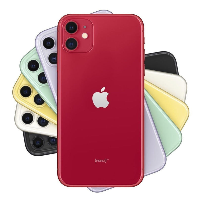 Apple iPhone 11 (128 Gb) - (product)red, acompañado de otros cinco modelos de iPhone en sus diferentes colores, mostrando la variedad y estilo.