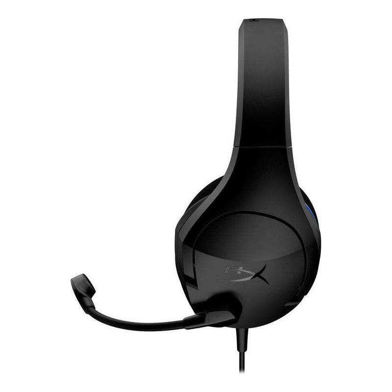 Vista lateral del Audífono Gamer Ps4 Cloud Stinger Hx-hscsc-bk Hyperx Color Negro con diadema acolchada y franjas azules en el diseño.