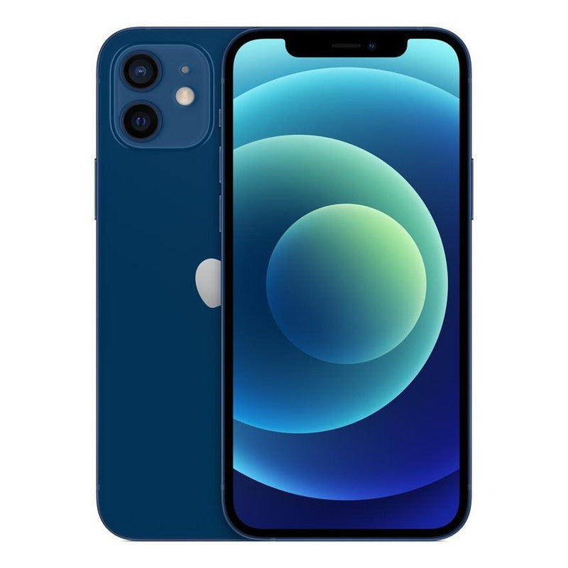 Vista combinada del Apple iPhone 12 (256 Gb) - Azul mostrando tanto la parte frontal como la trasera resaltando su diseño elegante.