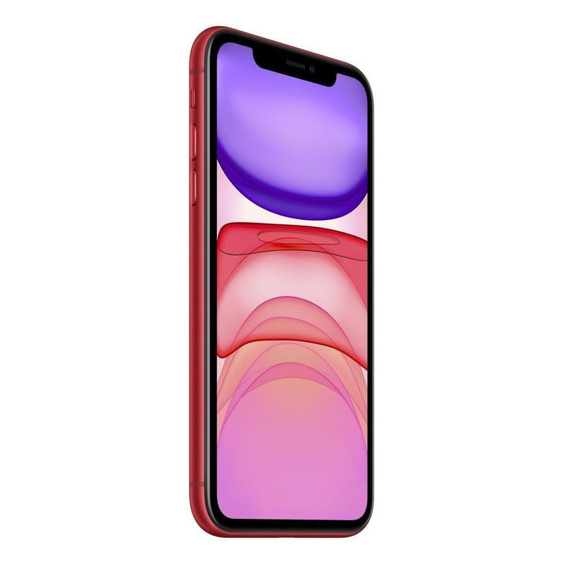 Apple iPhone 11 (128 Gb) - (product)red, visto desde el lateral con un fondo de pantalla en tres tonalidades que resalta su perfil delgado.