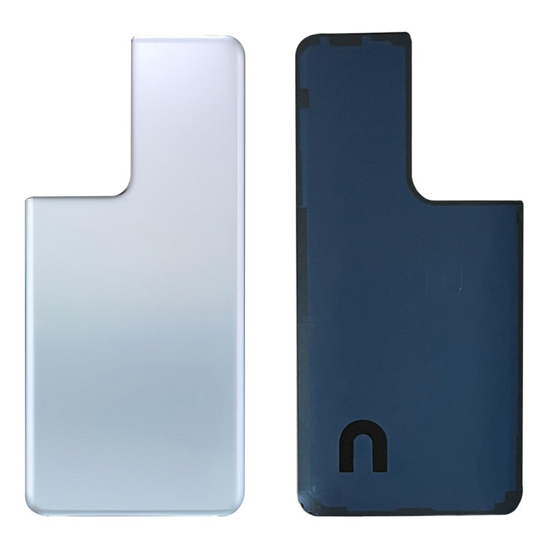 Una tapa trasera compatible con Samsung S21 Ultra SM-G998B, mostrada en dos vistas: la parte exterior de color blanco tornasol y la parte interior de color azul oscuro con una forma de "U" invertida grabada en la parte inferior.