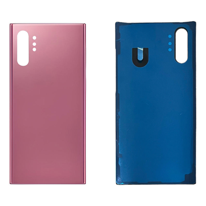 Una tapa trasera compatible con Samsung Note 10 Plus SM-N975F, vista exterior color rosa con orificio para cámara y vista interior azul.