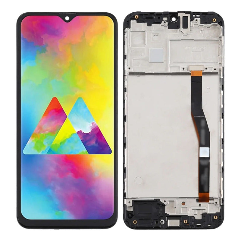 Vista de la pantalla de un lado con un fondo y del otro la parte posterior en donde están las conexiones