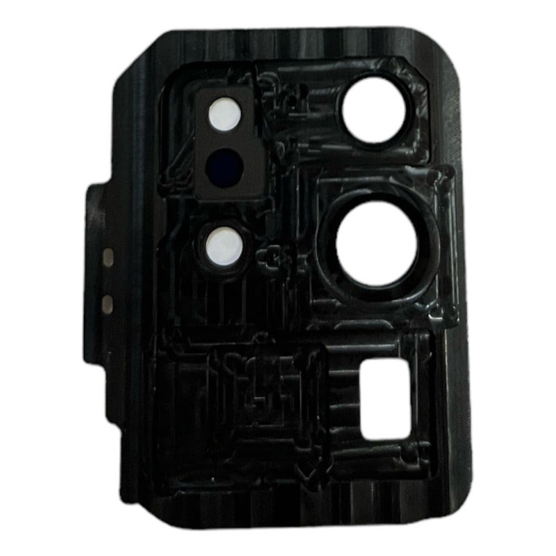 Cristal de cámara con marco compatible con Samsung S20 Ultra, vista trasera que muestra el adhesivo y detalles internos del componente.