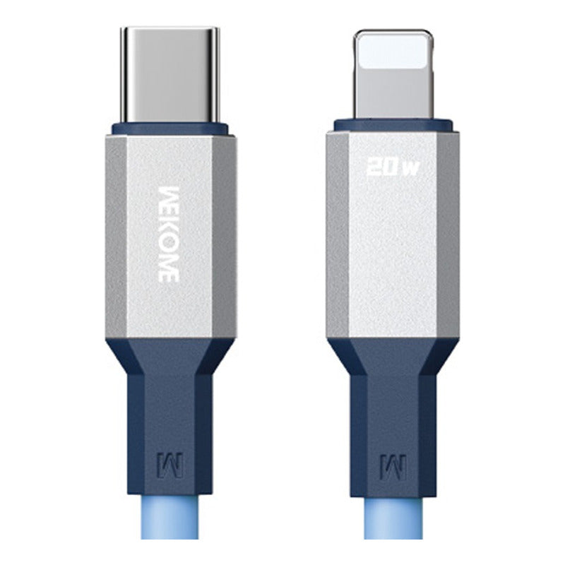 Entradas del Cable de Datos Pd20w De Silicona Serie Tint Ii Wdc-17pd Color Azul, mostrando un conector USB tipo C y un conector Lightning sobre fondo blanco.