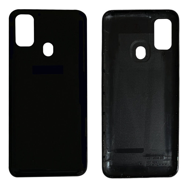 Una tapa trasera compatible con Samsung M30s SM-M307F, vista exterior negra con orificio para cámara y vista interior negra.