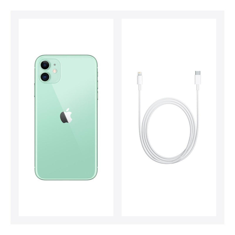Apple iPhone 11 (256 Gb) - Verde, equipado con cable USB-C a Lightning en color blanco.