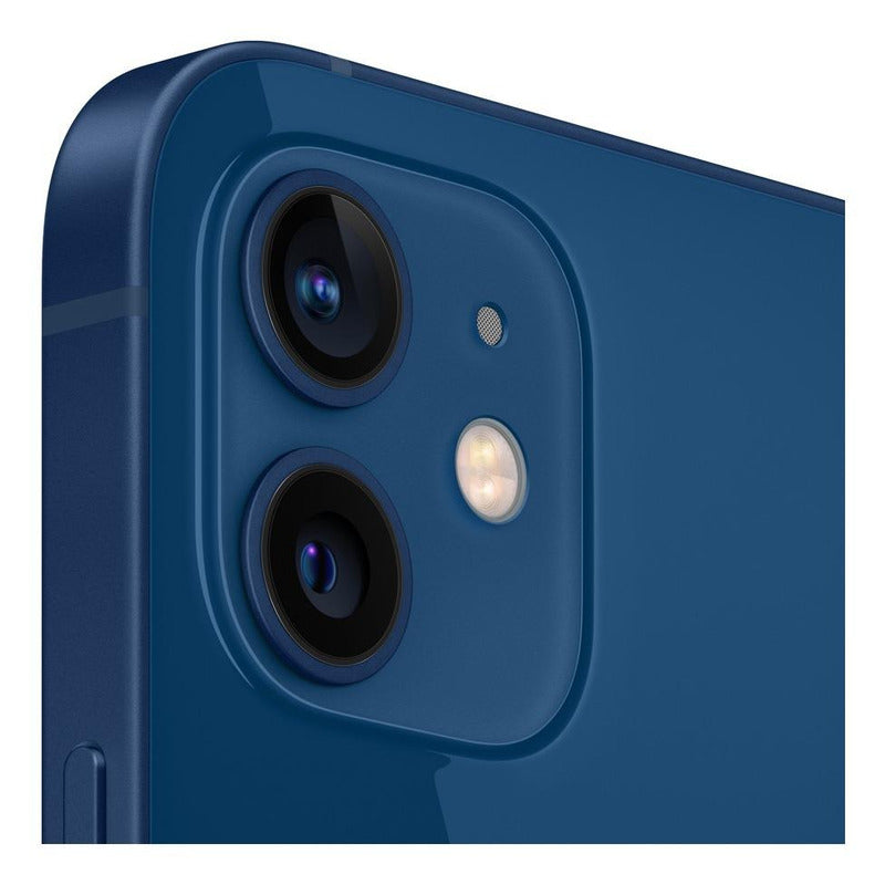 Detalle cercano de la cámara dual trasera del Apple iPhone 12 (256 Gb) - Azul, mostrando la calidad de los lentes.