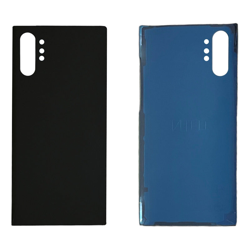 Una tapa trasera compatible con Samsung Note 10 Plus SM-N975F, vista exterior negra con orificio para cámara y vista interior azul.