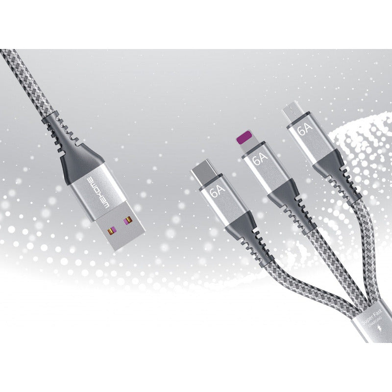 Primer plano del Cable Raython 6a 3 En 1 Wdc-170 en color plateado, con sus cuatro entradas, diseñado para brindar compatibilidad universal y eficiencia en la transferencia de datos.