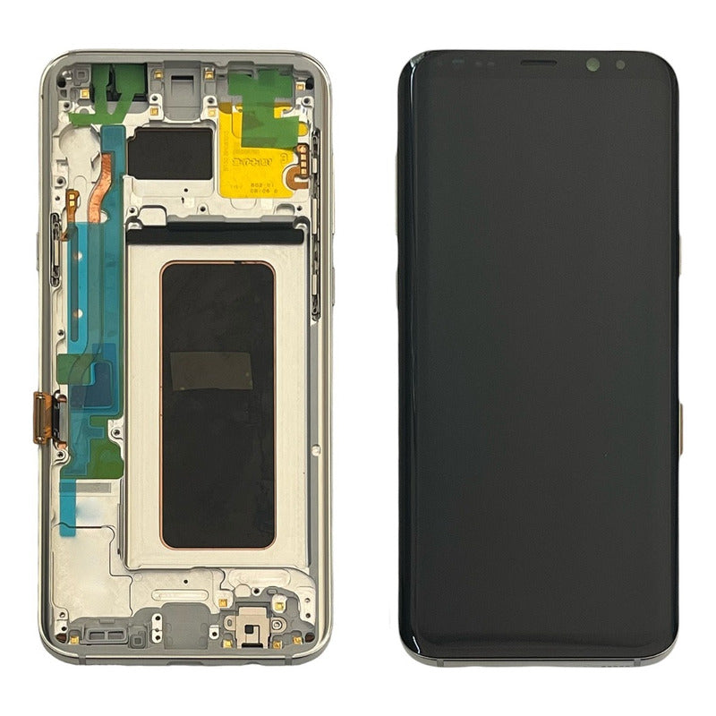 De un lado una pantalla de celular de vista del frente negro, del otro vista como componente interior con conexiones