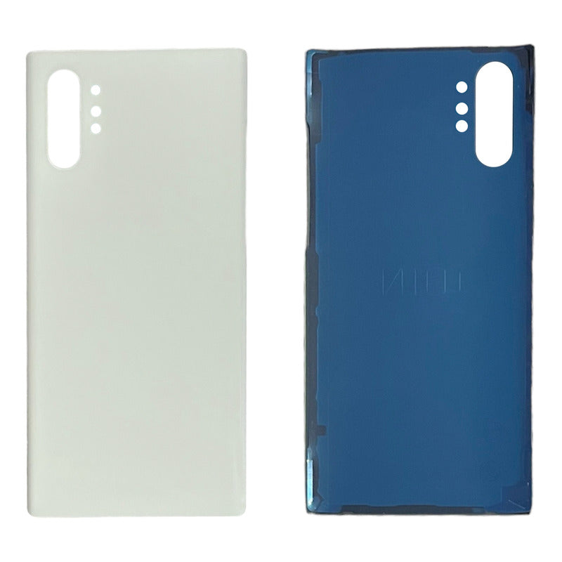 Una tapa trasera compatible con Samsung Note 10 Plus SM-N975F, vista exterior en color blanco con orificio para cámara y vista interior azul.
