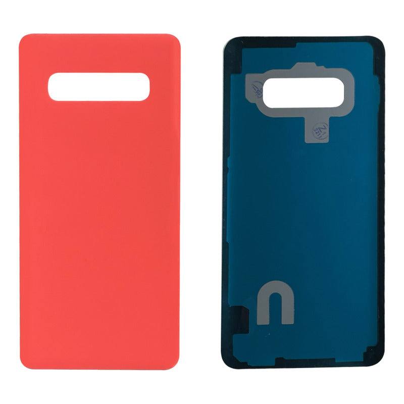 Una tapa trasera compatible con Samsung S10 Plus SM-G975F, con adhesivo interior y orificio superior para modulo de cámaras.