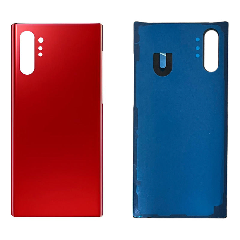 Una tapa trasera compatible con Samsung Note 10 Plus SM-N975F, vista exterior rojo metálico con orificio para cámara y vista interior azul.