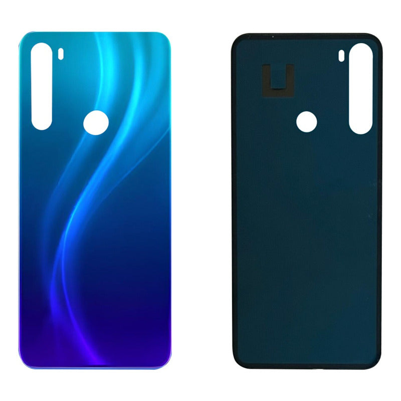 Tapa Trasera Compatible Con Xiaomi Redmi Note 8 M1908c3jg en acabado tornasol, vista frontal y trasera con el módulo de cámaras en el lado izquierdo.