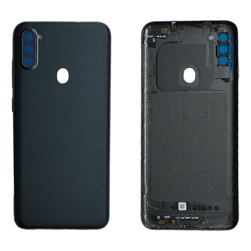 Tapa Trasera + Cristal Compatible Con Samsung A11 Sm-a115, en color negro, mostrando vistas exterior e interior del repuesto.