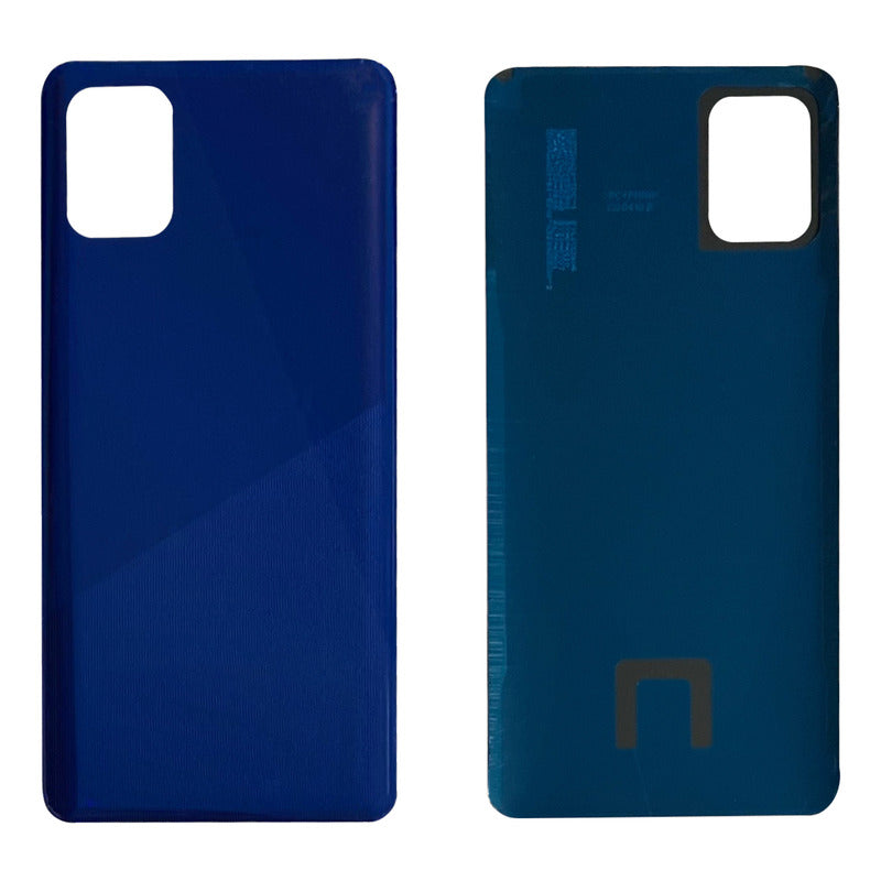 Tapa Trasera Compatible Con Samsung A31 Sm-a315, vista frontal y trasera del repuesto en color azul con espacio para cámara y detalles internos.