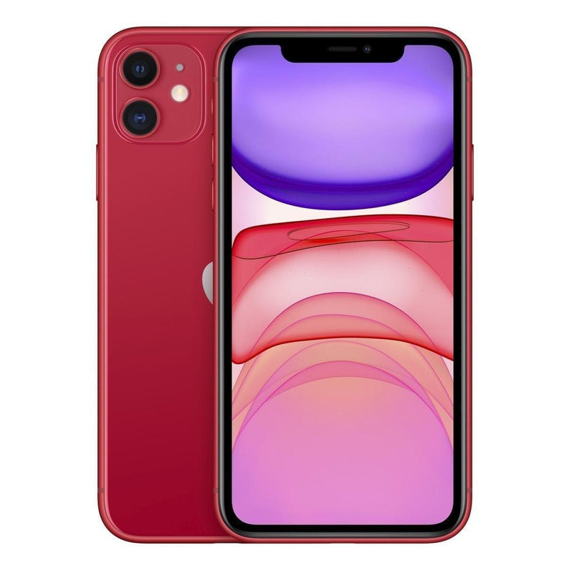 Apple iPhone 11 (128 Gb) - (product)red, mostrando tanto la parte frontal como trasera del dispositivo, destacando su diseño elegante y la icónica parte trasera de cristal en color rojo.