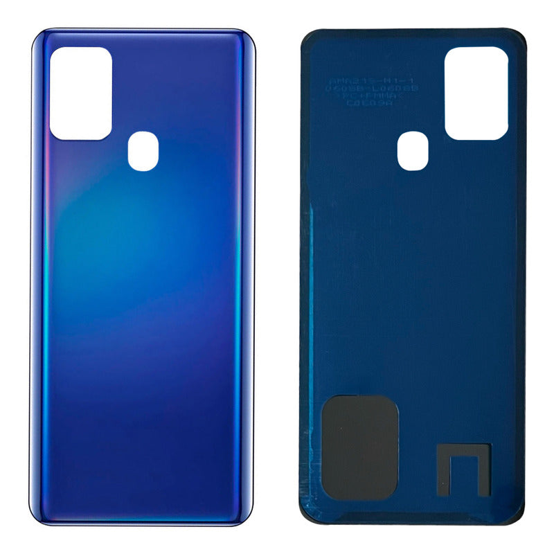 Tapa Trasera + Cristal Compatible Con Samsung A21s Sm-a217f, en color azul con degradado, mostrando la parte exterior e interior del repuesto.