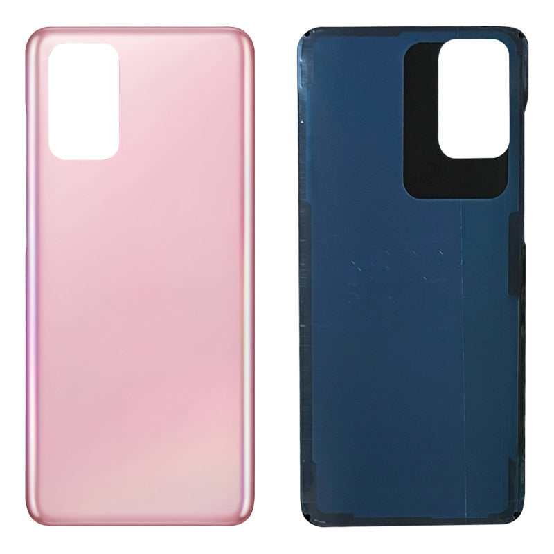 Una tapa trasera compatible con Samsung S20 Plus SM-G985F, vista exterior en color rosa con orificio para cámara y vista interior negra.