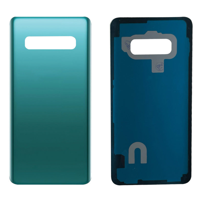 Una tapa trasera compatible con Samsung S10 Plus SM-G975F, vista exterior en color verde metálico y orificio superior para modulo de cámaras.