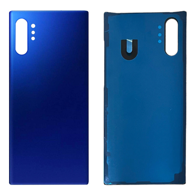 Una tapa trasera compatible con Samsung Note 10 Plus SM-N975F, vista exterior azul brillante con orificio para cámara y vista interior azul.