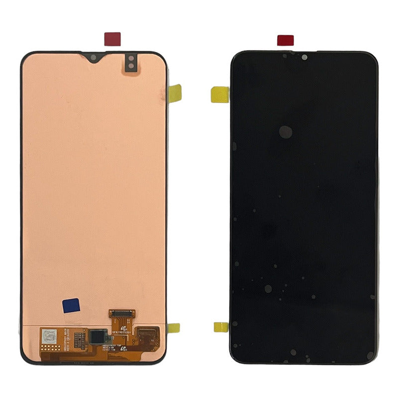 Frente como reverso de la pantalla con etiqueta en algunas esquinas