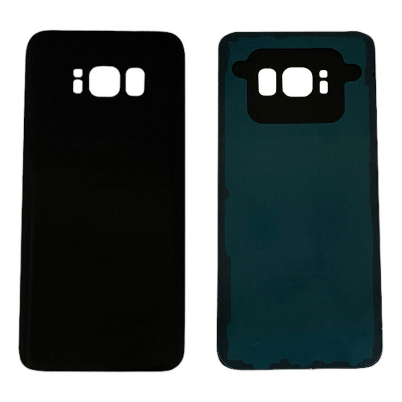 Una tapa trasera compatible con Samsung S8 SM-G950F, mostrada en dos vistas: la parte exterior de color negro y la parte interior de color oscuro con recortes para la cámara y el sensor de huellas dactilares.