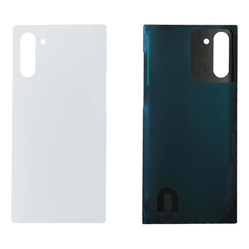 Una tapa trasera compatible con Samsung Note 10 SM-N970F, vista exterior negra con orificio para cámara y vista interior negra.