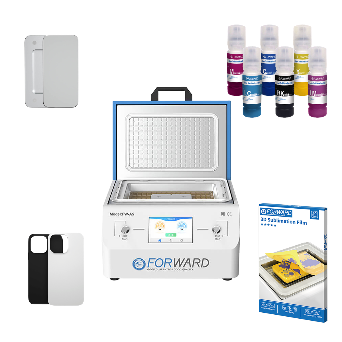 Un kit que incluye una máquina de sublimación 3D Forward FW-A5 abierta, láminas para sublimación 3D Forward, fundas de celular en blanco y botellas de tinta como herramientas para reparar celulares