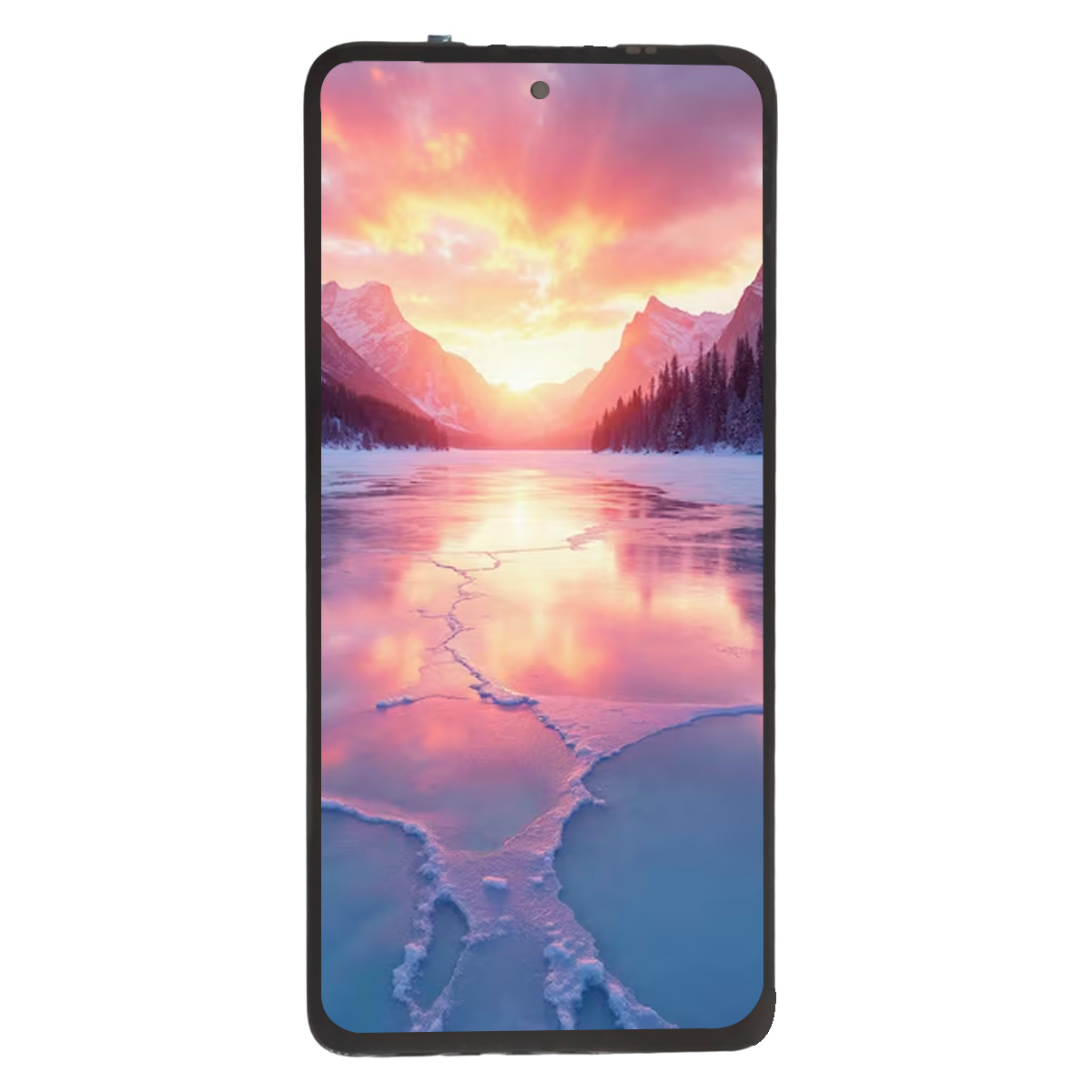 Pantalla OLED compatible con Motorola Moto G54 XT2343-5, mostrando una imagen vívida de un paisaje invernal al atardecer.