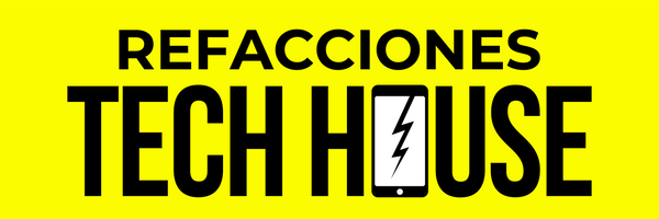 Logotipo amarillo y negro de Refacciones Tech House con un dibujo de un celular con un rayo en la pantalla. Empresa que comercializa pistola de calor para celulares.