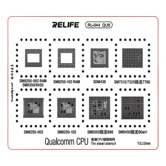 Stencil de reballing RELIFE RL-044 QU8 de 0.12 mm para CPU Qualcomm