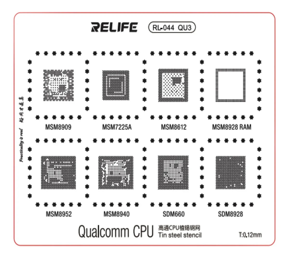 Stencils de Reballing Relife RL-044 (0.12mm) – Serie QU (QU1 a QU4)