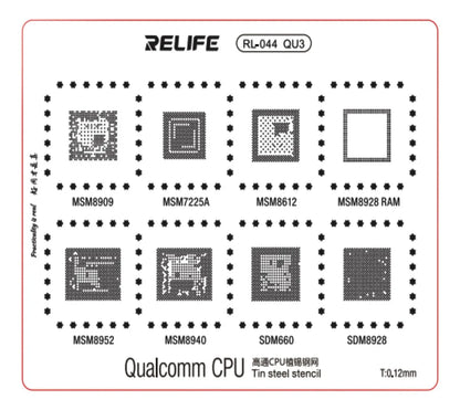 Stencils de Reballing Relife RL-044 (0.12mm) – Serie QU (QU1 a QU4)