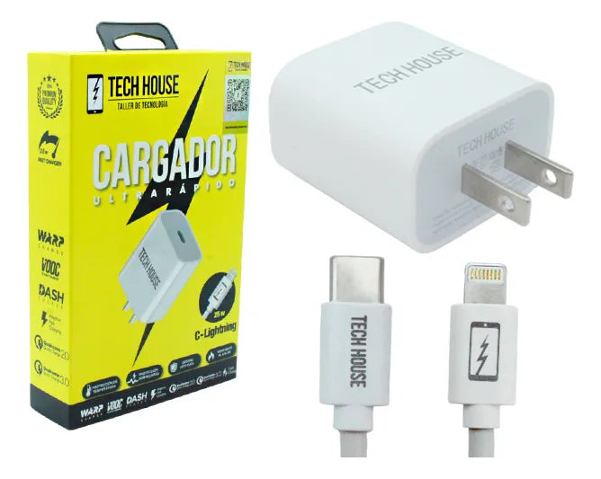 Cargador Tech House compatible con Lightning- Tipo C - 25W - Blanco
