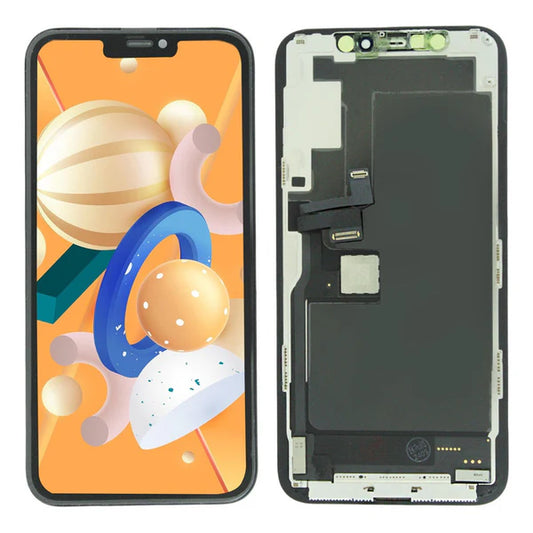 Vista frontal y trasera de pantalla iPhone 11 Pro con colores vibrantes, mostrando diseño elegante y excelente calidad de imagen.S