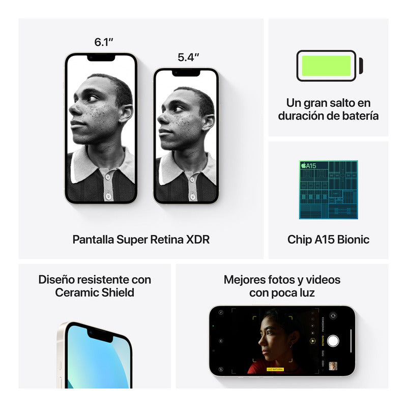 Especificaciones del Apple iPhone 13 (512 Gb) - Blanco Estelar con detalles de pantalla XDR, diseño resistente y chip A15 Bionic integrado.