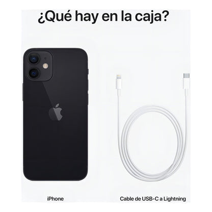 Apple iPhone 12 (64 Gb) - Negro equipado con funda negra y cable USB-C a Lightning en color blanco. 