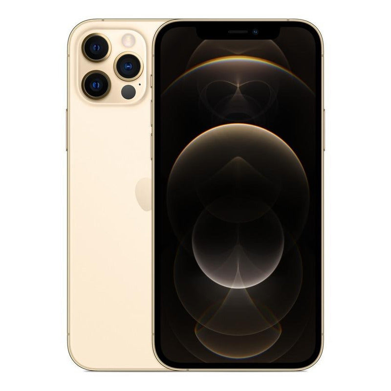iPhone 12 Pro (256 GB) - Oro visto de frente y reverso, destacando su pantalla y sistema de triple cámara.