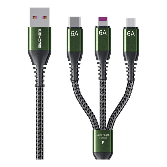 Cable Raython 6A 3 en 1 WDC-170 en color negro con verde, con conectores intercambiables para USB-C, Lightning y Micro USB, ideal para carga rápida y sincronización de dispositivos.