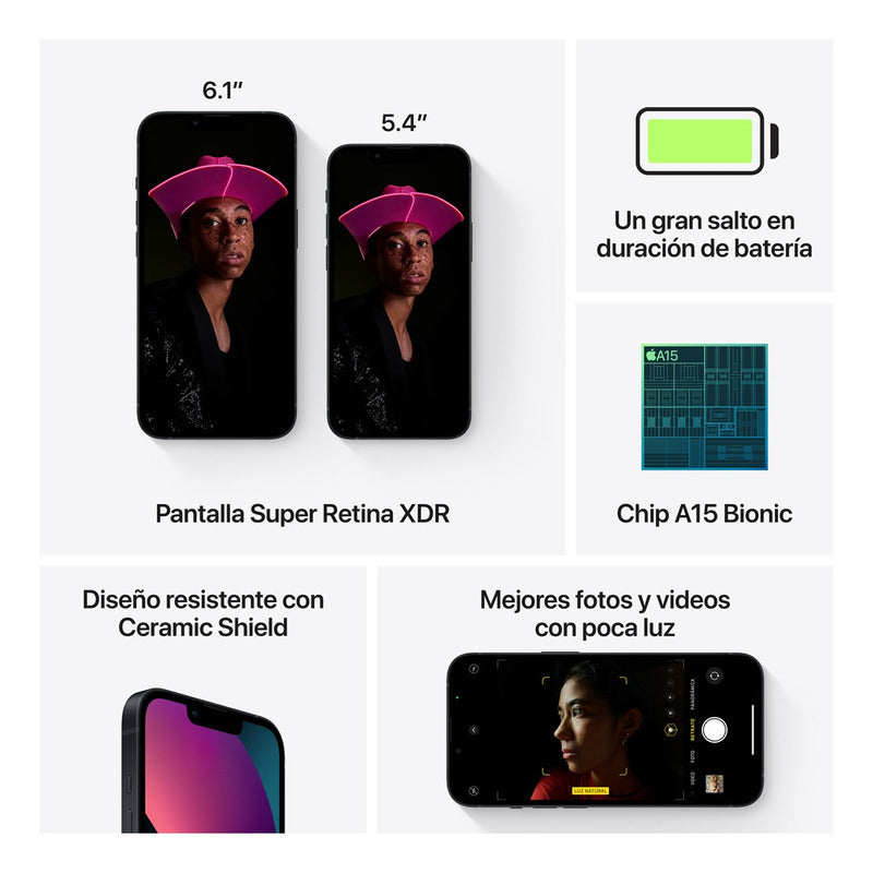 Especificaciones del Apple iPhone 13 (512 Gb) - Azul medianoche con detalles de pantalla XDR, diseño resistente y chip A15 Bionic integrado.