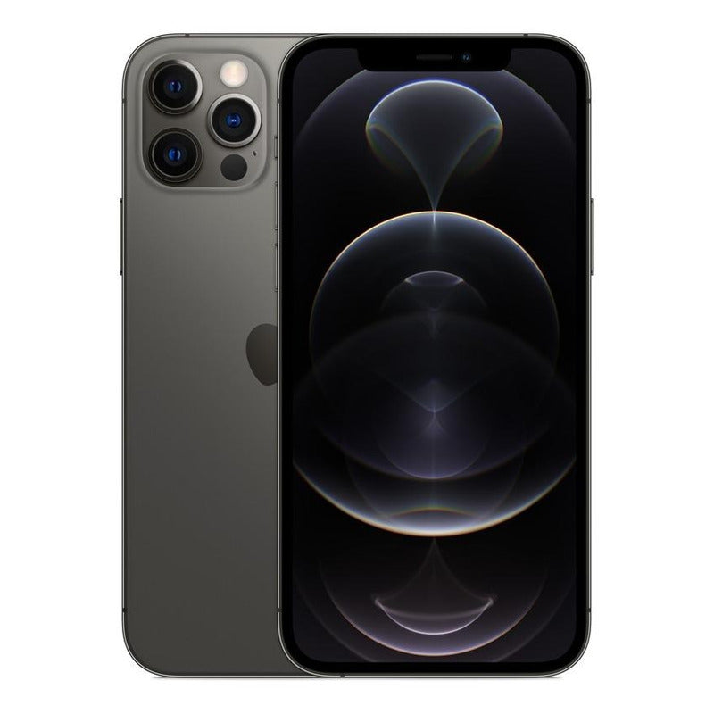 Apple iPhone 12 Pro (256 Gb) - Grafito mostrando parte frontal con pantalla y parte trasera con triple cámara.