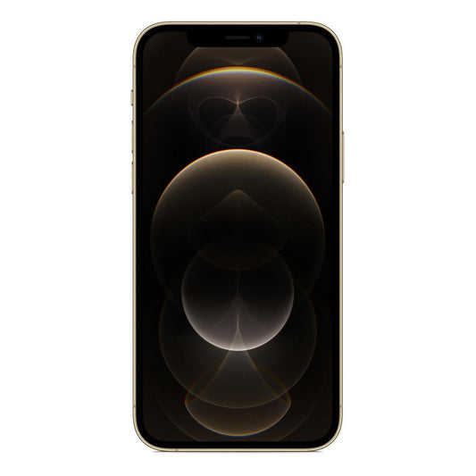 Frente al iPhone 12 Pro (256 GB) - Oro mostrando su pantalla OLED en alta resolución.