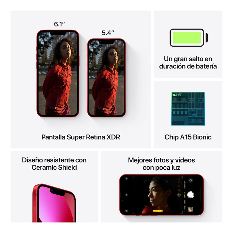 Especificaciones del Apple iPhone 13 (512 Gb) - Azul medianoche con detalles de pantalla XDR, diseño resistente y chip A15 Bionic integrado.
