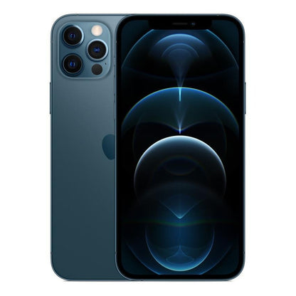 Apple iPhone 12 Pro (256 Gb) - Azul pacifico mostrando parte frontal con pantalla y parte trasera con triple cámara.