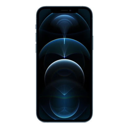 Vista frontal del Apple iPhone 12 Pro (256 Gb) - Azul pacifico  mostrando su pantalla Super Retina XDR. 
